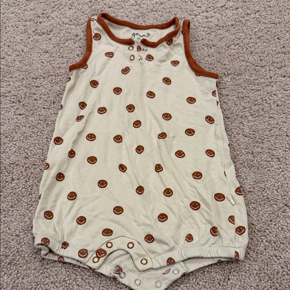 Cream Smiley Print Sleeveless Baby One-Piece